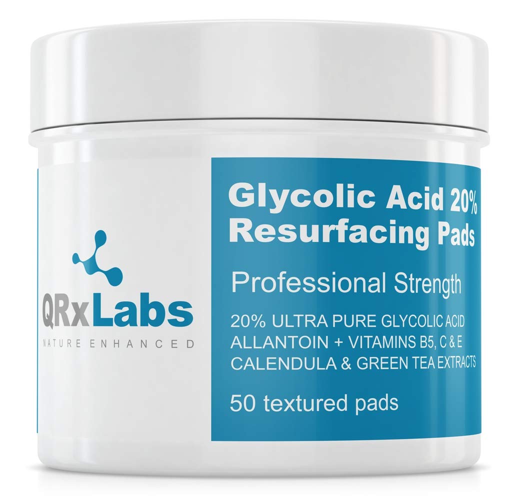 QRxLabs glycolic Acid 20% Resurfacing Pads for Face & Body with Vitamins B5, c & E, green Tea, calendula, Allantoin - Exfoliates