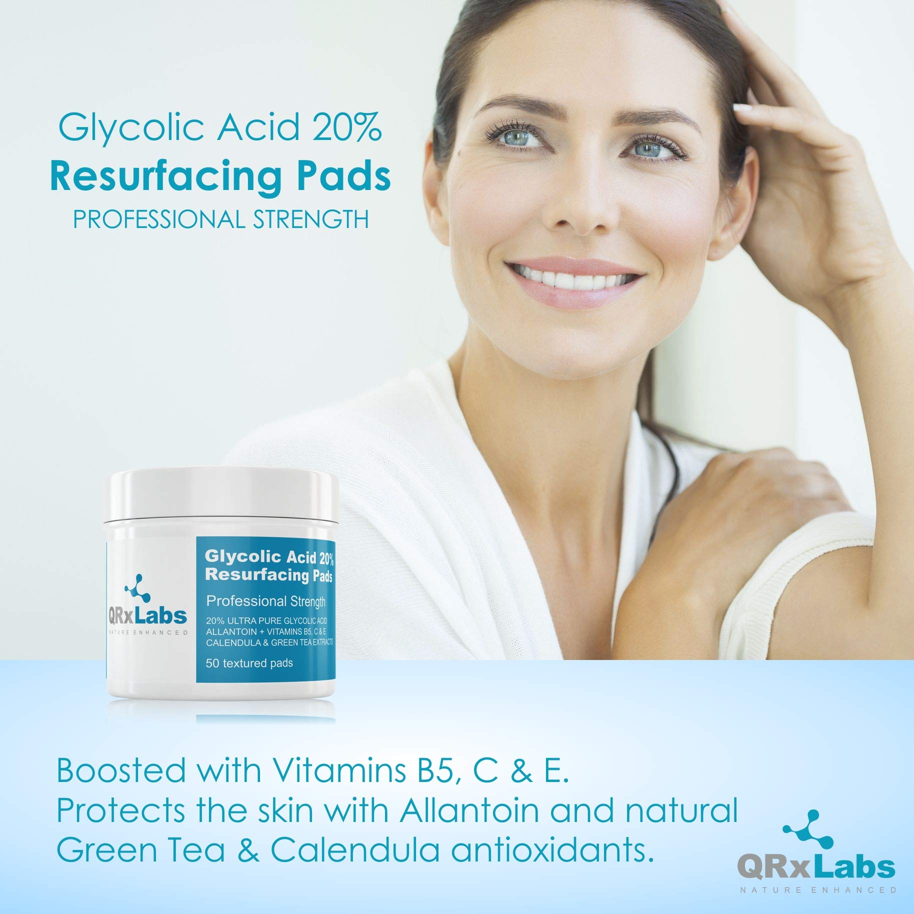 QRxLabs glycolic Acid 20% Resurfacing Pads for Face & Body with Vitamins B5, c & E, green Tea, calendula, Allantoin - Exfoliates
