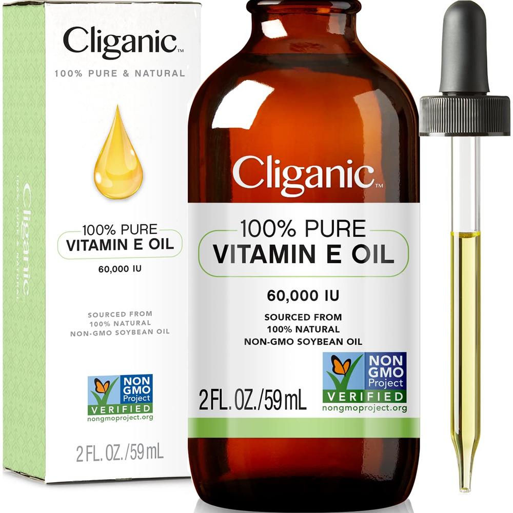 cliganic 100% Pure Vitamin E Oil for Skin, Hair & Face - 60,000 IU, Non-gMO Verified  Natural D-Alpha Tocopherol
