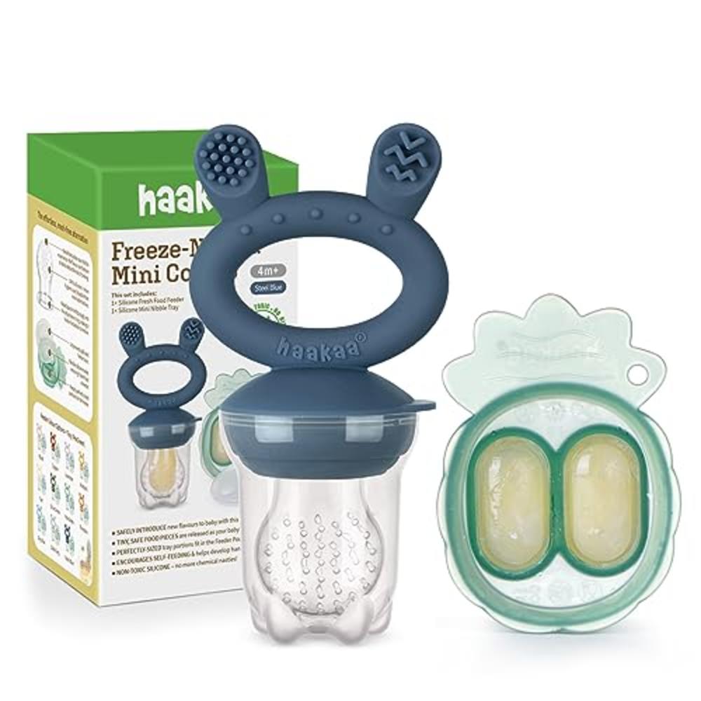 Haakaa Baby Fruit Food Feeder & Mini Freezer Nibble Tray combo, Breastmilk Popsicle Molds for Baby cooling Relief, BPA Free Sili