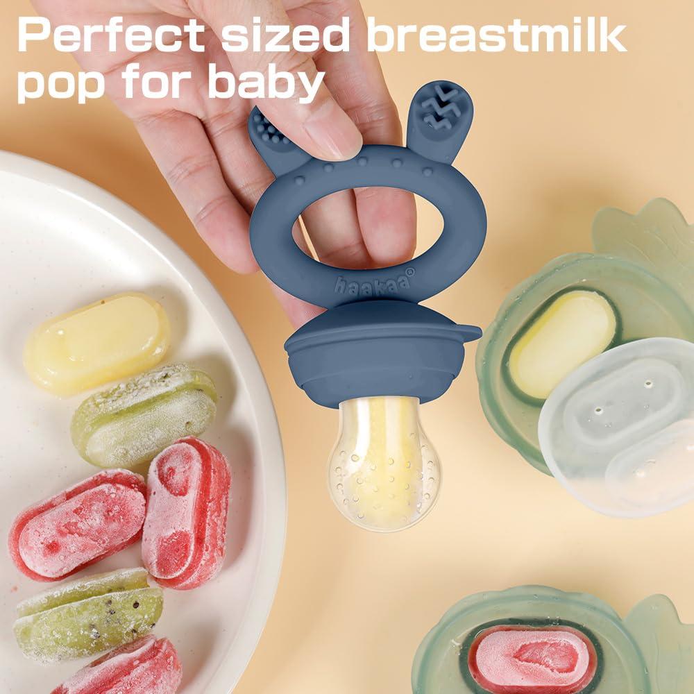 Haakaa Baby Fruit Food Feeder & Mini Freezer Nibble Tray combo, Breastmilk Popsicle Molds for Baby cooling Relief, BPA Free Sili
