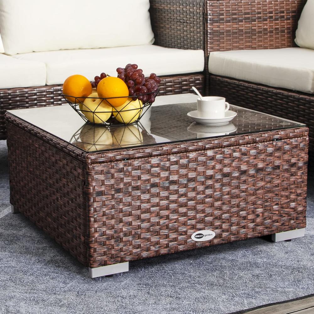 DIMAR garden Outdoor coffee Table for Patio Table Wicker Patio coffee Table Lawn garden Rattan Small coffee Table with glass Top All-Weather,