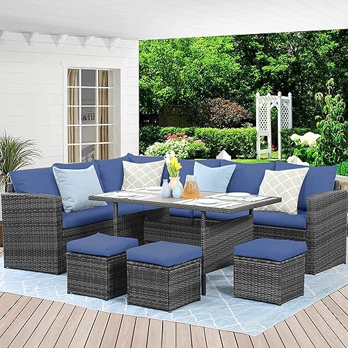 Wisteria Lane Outdoor Patio Furniture Set, 7 Piece Outdoor Dining Sectional Sofa with Dining Table and chair, All Weather Wicker