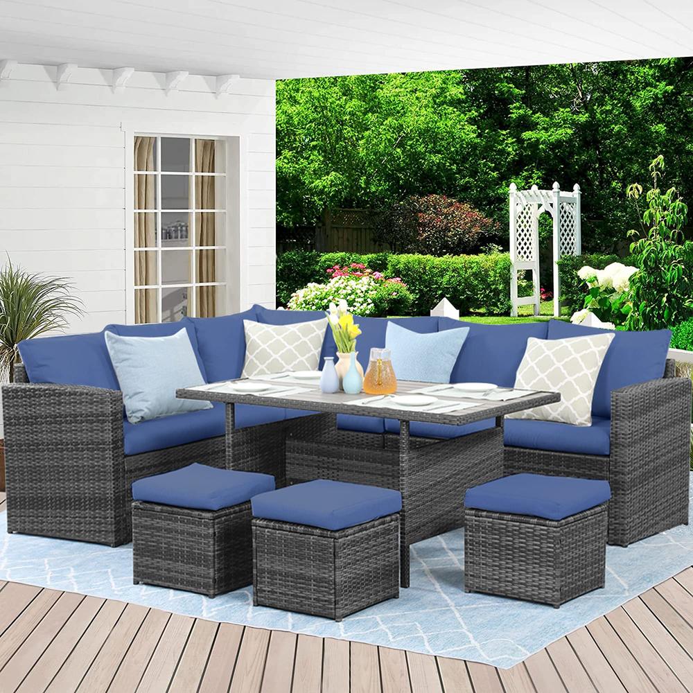 Wisteria Lane Outdoor Patio Furniture Set, 7 Piece Outdoor Dining Sectional Sofa with Dining Table and chair, All Weather Wicker