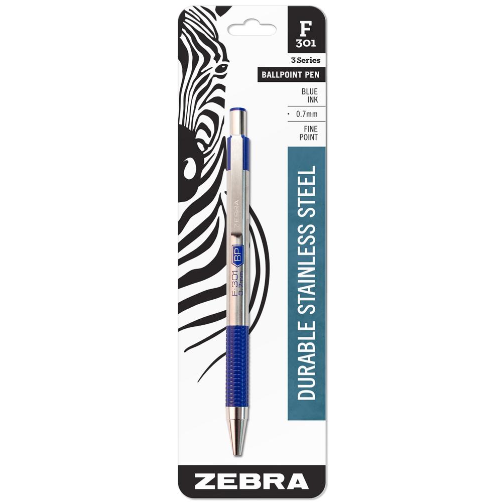 Zebra Pen F-301 Retractable Ballpoint Pen, Stainless Steel Barrel, Fine Point, 07mm, Blue Ink, 1-Pack