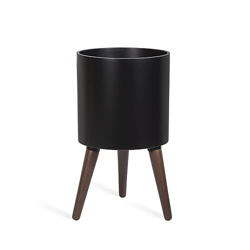 D'vine Dev 10 Inch Planter Pot with Stand, Mid-century Tall Plant Pot with Legs for Indoor Plants, Medium, Black, 88-O-M-B
