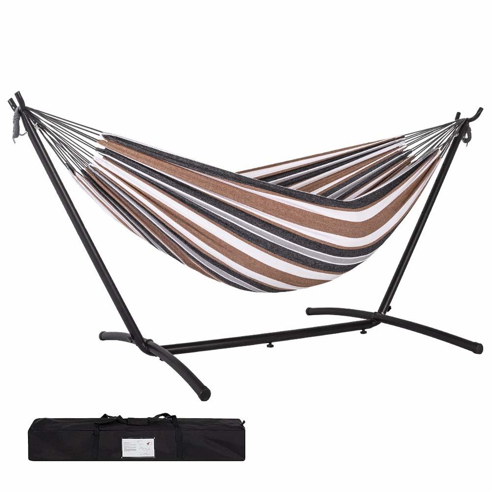 Prime garden cotton Rope Hammock with Space Saving Steel Hammock Stand, 2 Person Double Freestanding Hammock with carry Bag for 
