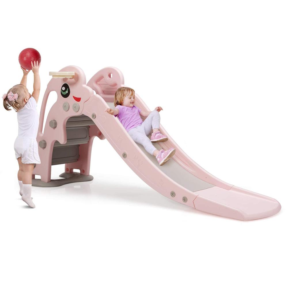 BABY JOY Toddler Slide, Kids Large Slide Play climber Set with Long Slipping Slope, Basketball Hoop and Ball, Enclosed Steps, Ea