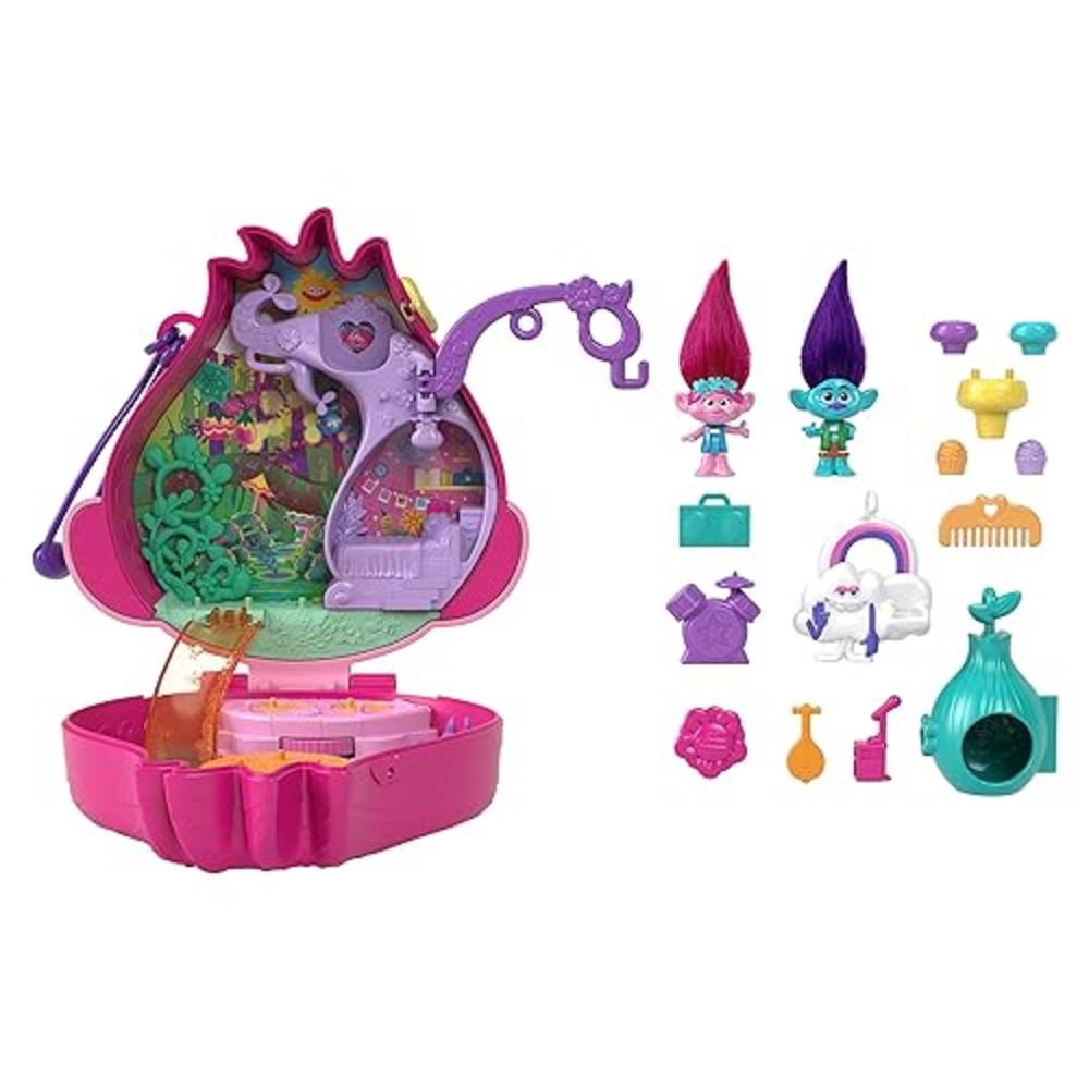 Polly Pocket & DreamWorks Trolls compact Playset with Poppy & Branch Dolls & 13 Accessories, collectible Toy Inspired by Trolls 