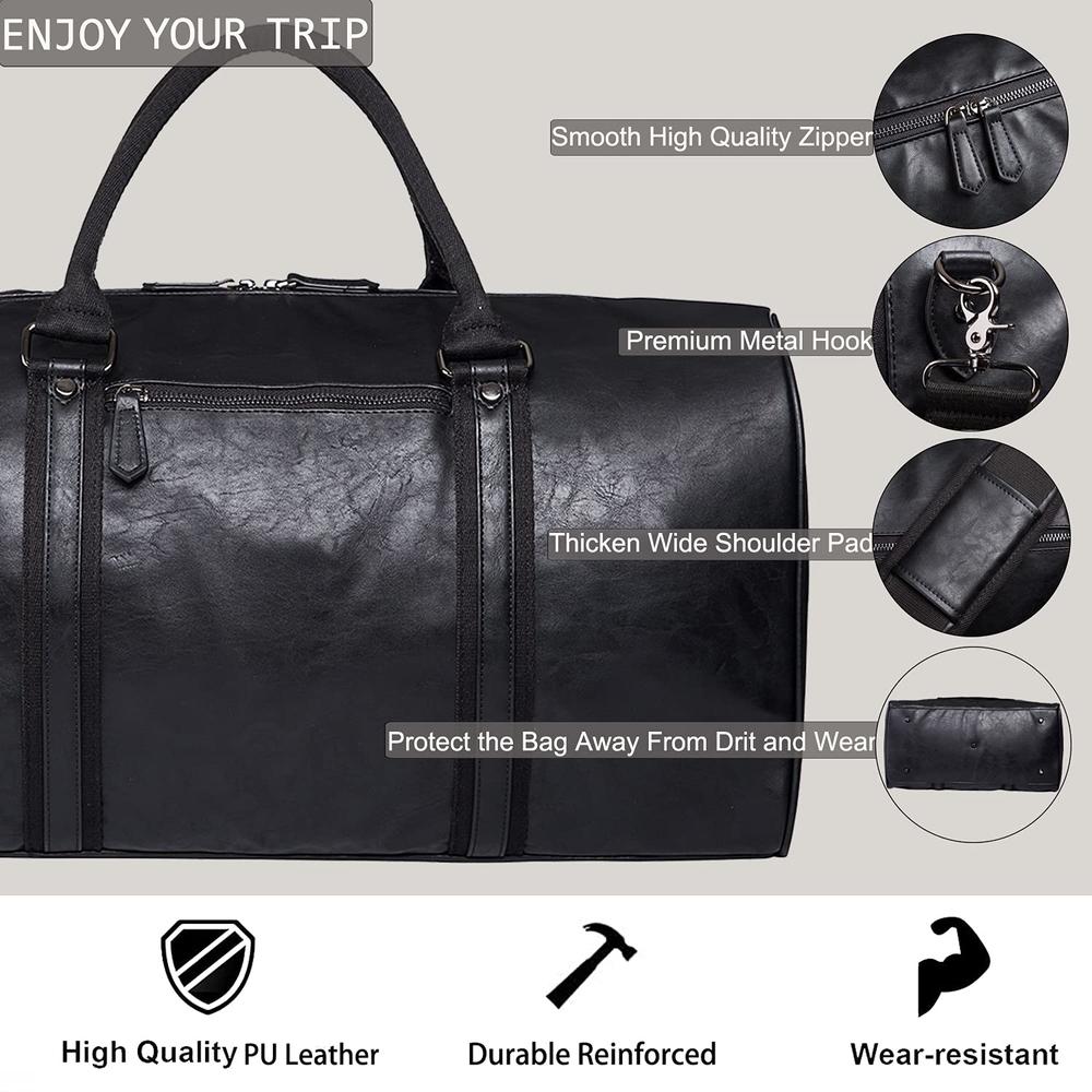 SEYFOCNIA Oversized Travel Duffel Bag, Waterproof Leather Weekend bag Gym Sports Overnight Large Carry On Hand Bag-Black