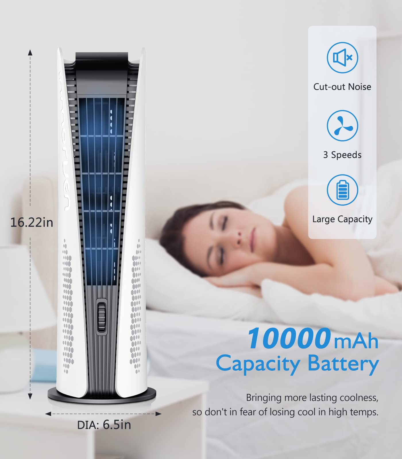 CONBOLA Portable Air Cooler Tower Fan for Bedroom, Battery Operated Bladeless Rechargeable Fan, 10000mAh Small Tower Fan, Quiet 