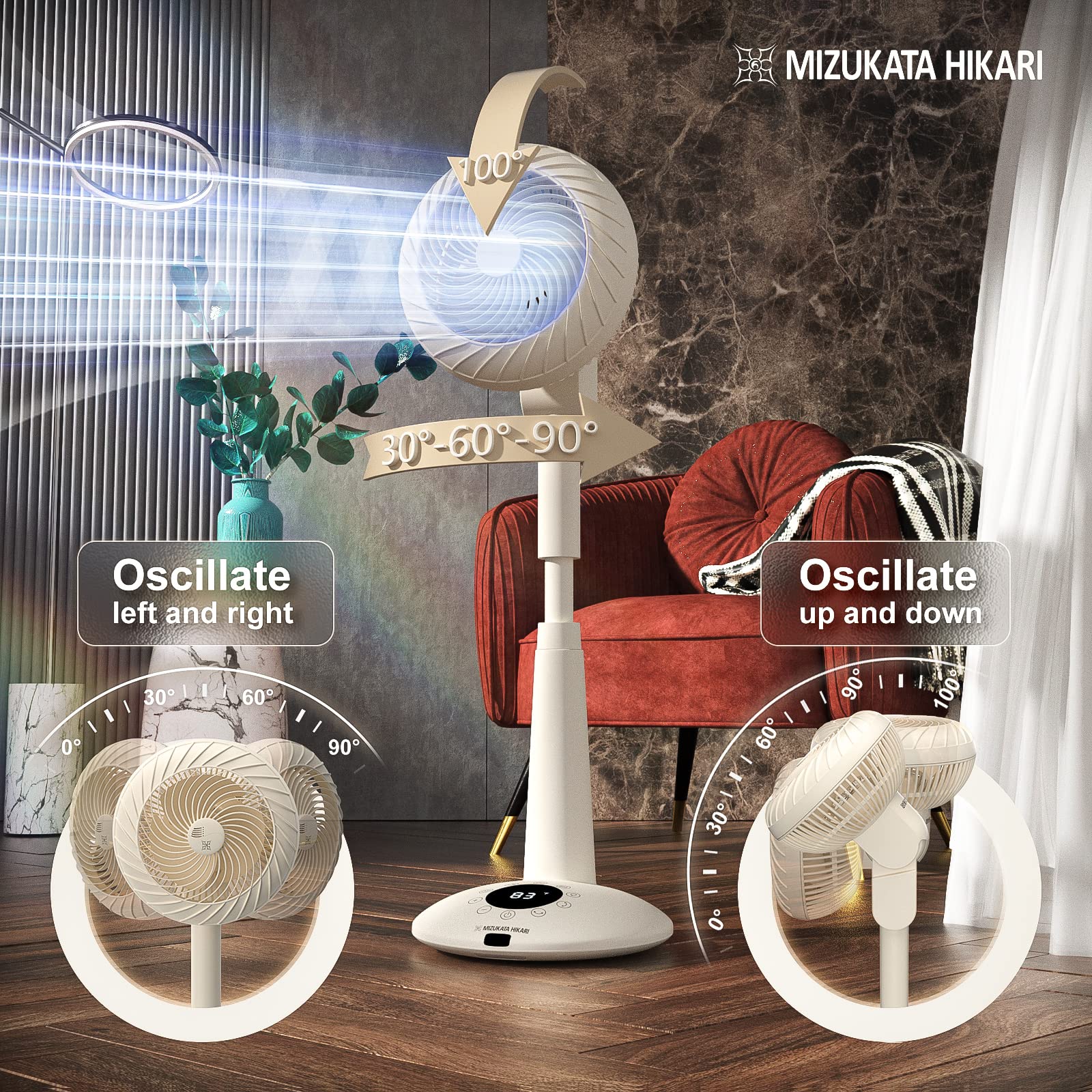 MIZUKATA HIKARI Versatile Air Circulator Standing Fan with Remote, 2023 Nature Breath Pedestal Fan, Ultra Quiet, 12 Speeds, Nigh