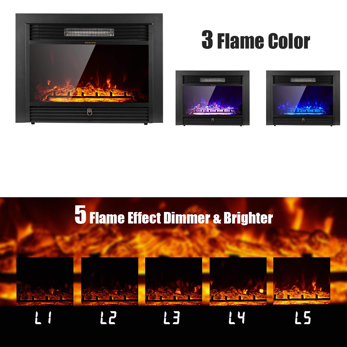 YODOLLA 28.5" Electric Fireplace Insert with 3 Color Flames, Fireplace Heater with Remote Control and Timer, 750w-1500W,Classic 