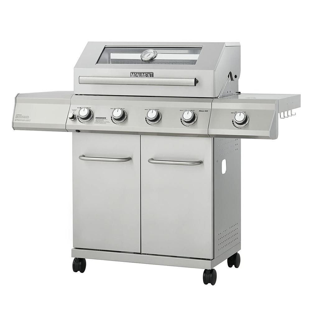 Monument Grills Clearview Larger 4-Burner Propane Gas Grill Stainless Steel Heavy-Duty Cabinet Style with LED Controls & Side Bu