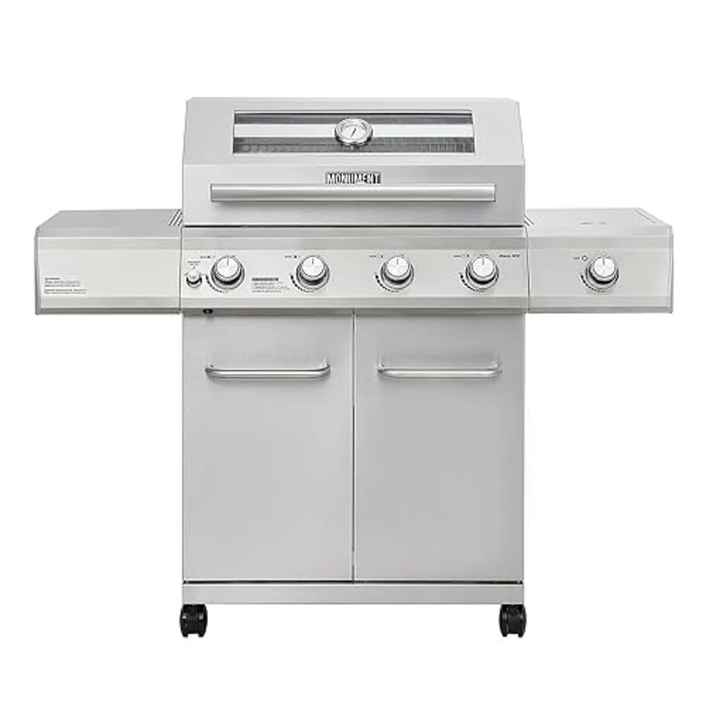 Monument Grills Clearview Larger 4-Burner Propane Gas Grill Stainless Steel Heavy-Duty Cabinet Style with LED Controls & Side Bu
