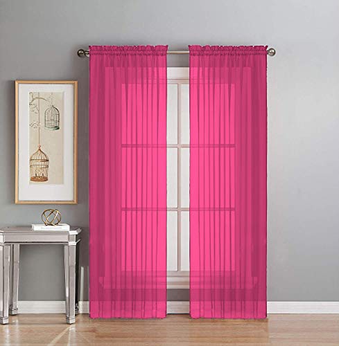 Interior Trends 2 Piece Fully Stitched Sheer Voile Window Panel curtain Drape Set (120 Long, Hot Pink)