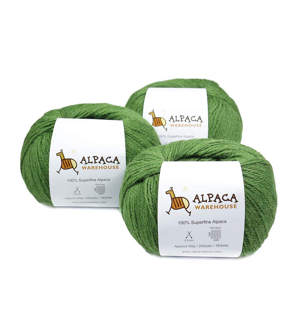 Alpaca Warehouse 100 Alpaca Yarn Wool Set of 3 Skeins Fingering Lace Worsted Weight - Heavenly Soft and Perfect for Knitting and crocheting (Leaf