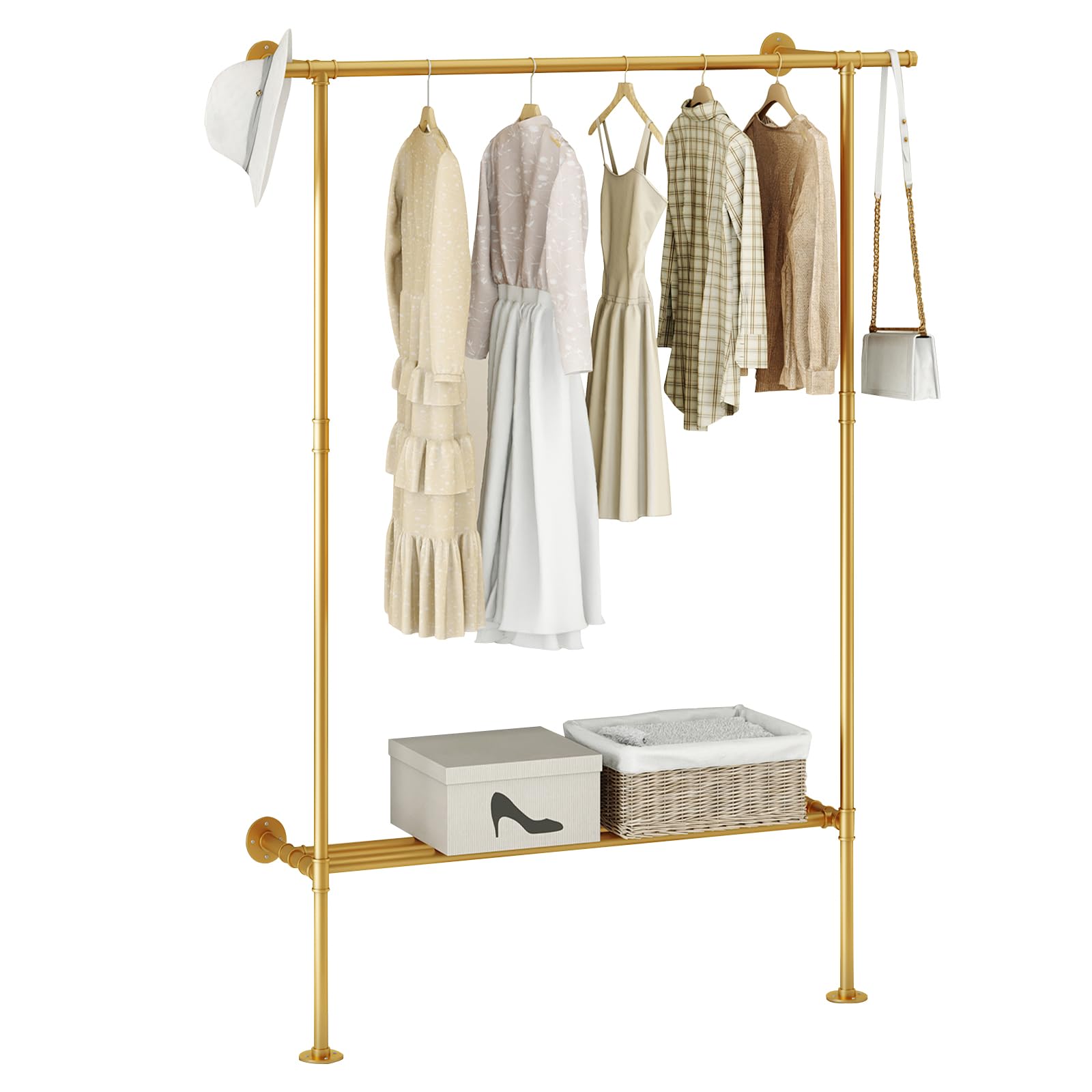 FJANKUI Gold Wall Mounted industrial pipe clothes rack with Shelf, clothing rack Rod for Closet and Walk-in Closet Systems, Mult