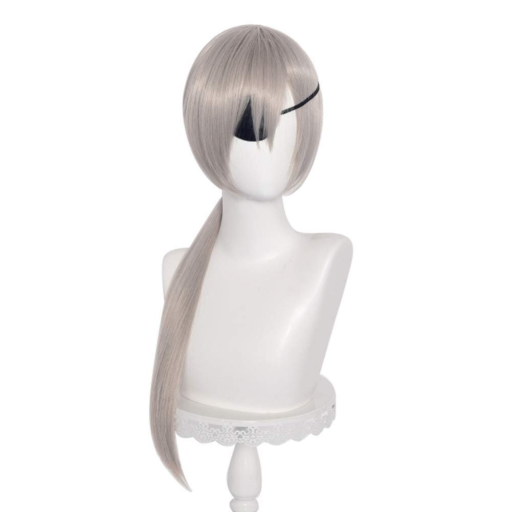 LABEAUT? Long Silver Wig + Eye Patch for Girls Women Cosplay Wig Anime Halloween Party Hair Wig With Ponytail + Cap