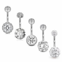 JFORYOU 5Pcs Belly Button Rings Stainless Steel 14G CZ Navel Rings Barbells Studs Women Girls Body Piercing Jewelry Silver
