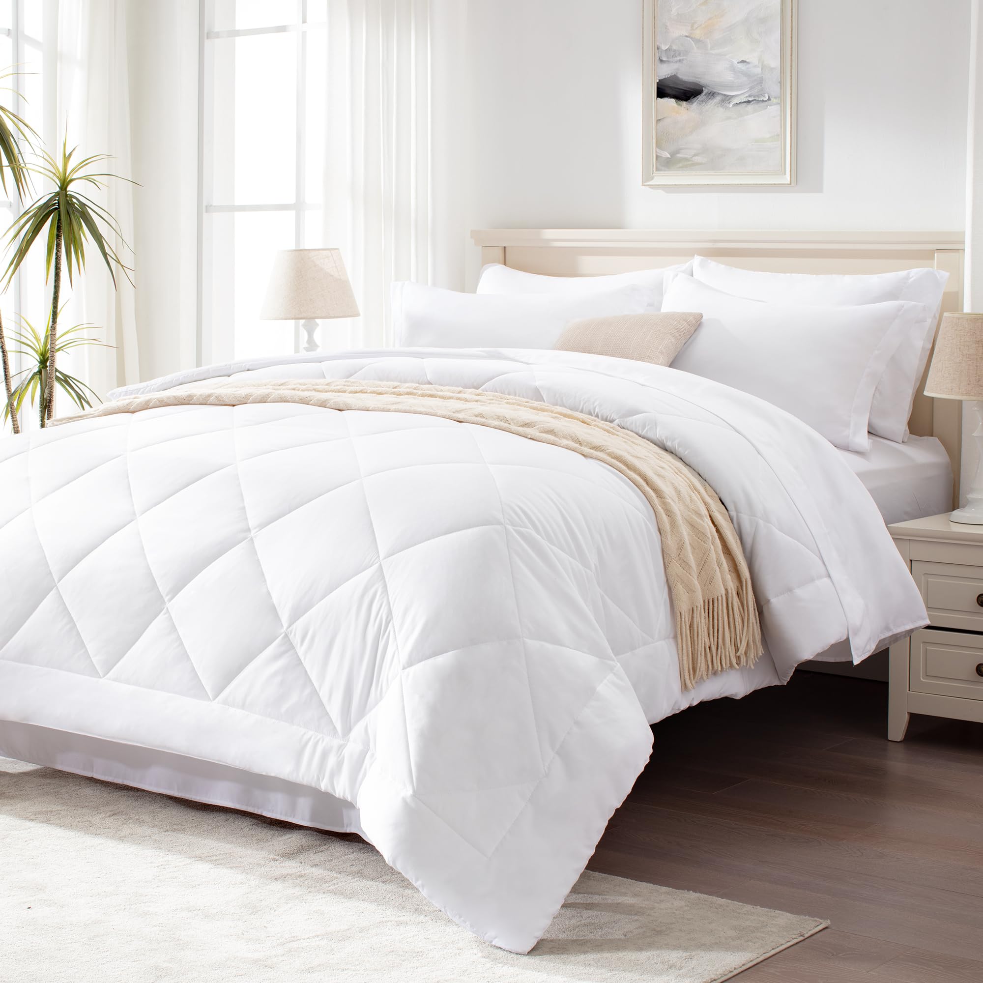 Love's cabin Queen Comforter Set White, 7 Pieces Queen Bed in a Bag, All  Season Queen Bedding Sets with 1 Comforter, 1 Flat Shee, image size:2000x2000