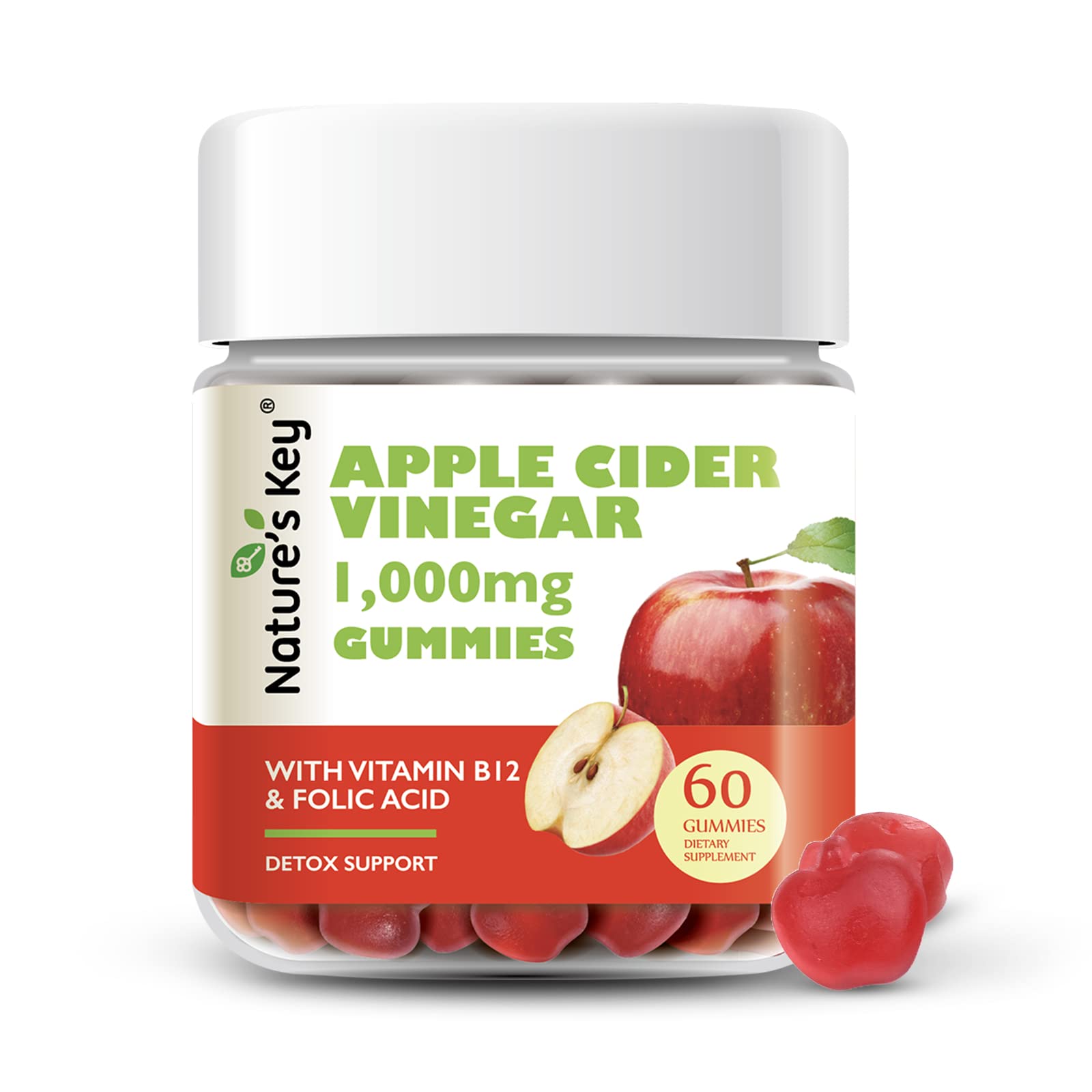 Nature's Key Natures Key Apple cider Vinegar gummies - for Detox and cleanse Support, Vegan AcV gummies with Folic Acid Vitamin B6 B12 Beetro