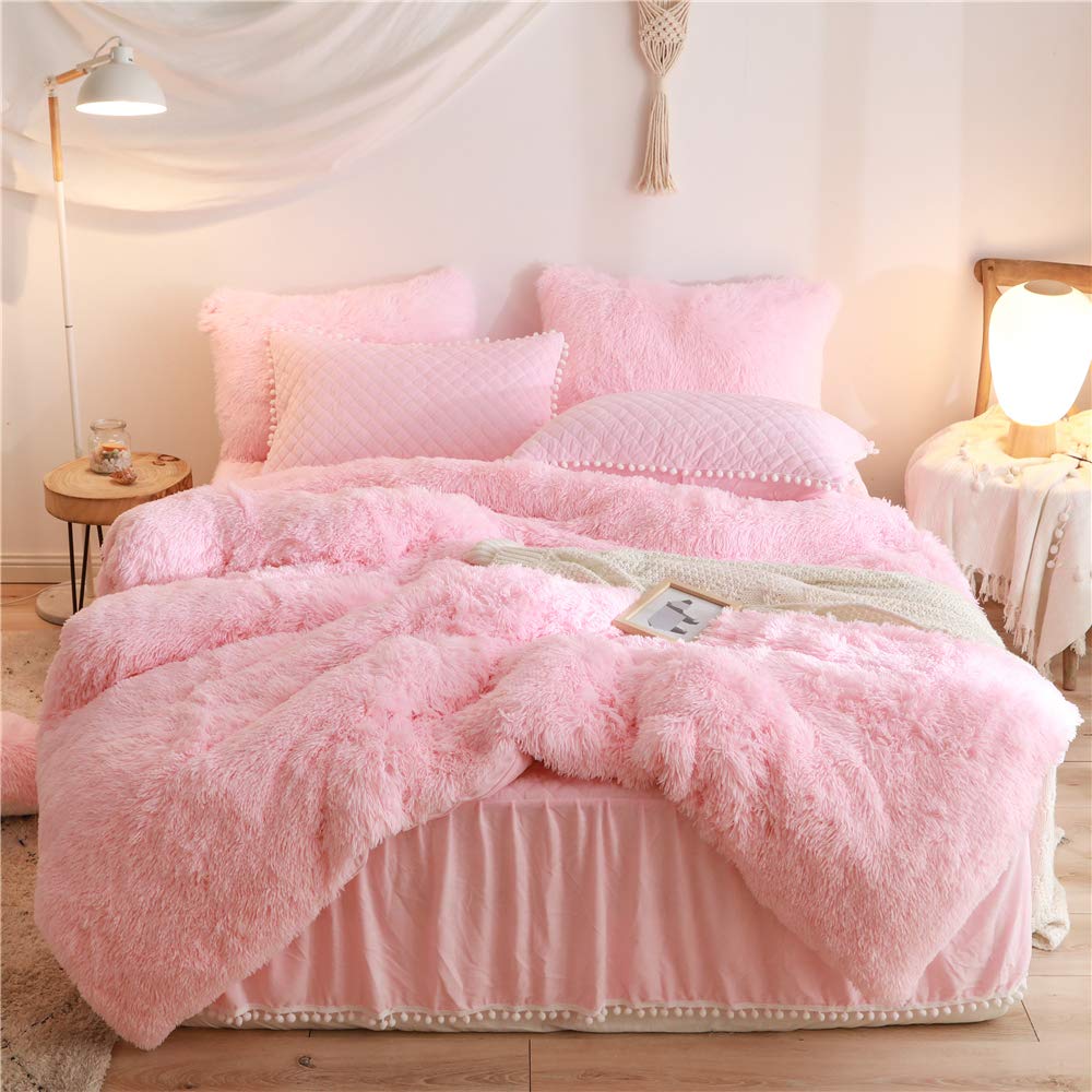 HAIHUA Pink Fluffy comforter Set Fluffy Plush Shaggy Duvet cover 2 Pieces Set (1 Faux Fur Duvet cover  1 Plush Pillow cases) Vel