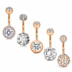 JFORYOU 5Pcs Belly Button Rings Stainless Steel 14G CZ Navel Rings Barbells Studs Women Girls Body Piercing Jewelry Rose Gold