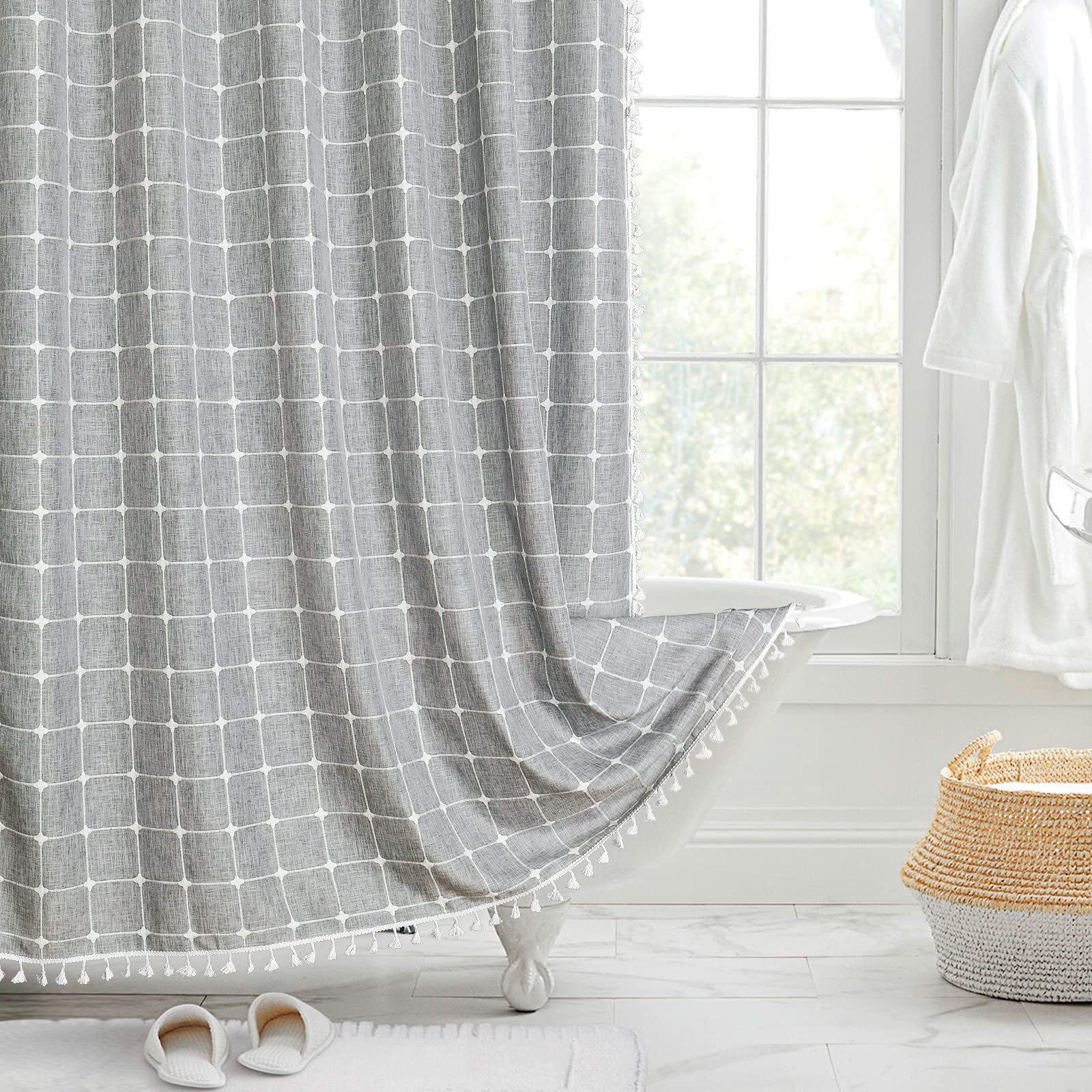 MitoVilla Grey Boho Extra Long Shower Curtain 72 x 84, Modern Farmhouse 84 inch XL Cotton Linen Texture Tassel Fabric Shower Cur
