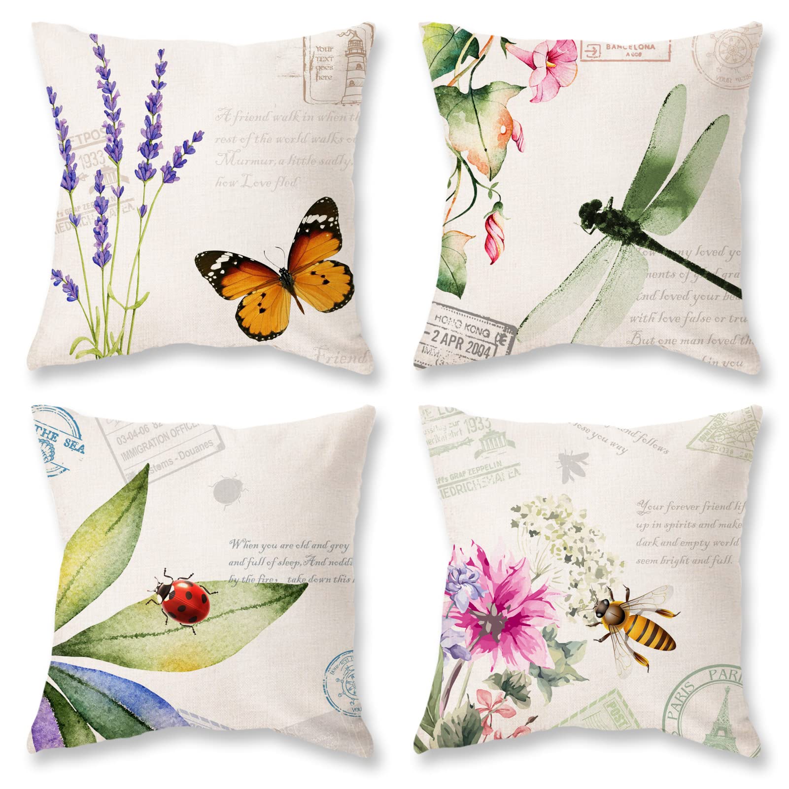 ONWAY Decorative Throw Pillow Covers 16x16 Inches Set of 4 Summer Spring Garden Farmhouse Decor Cushion Cases for Porch Couch So