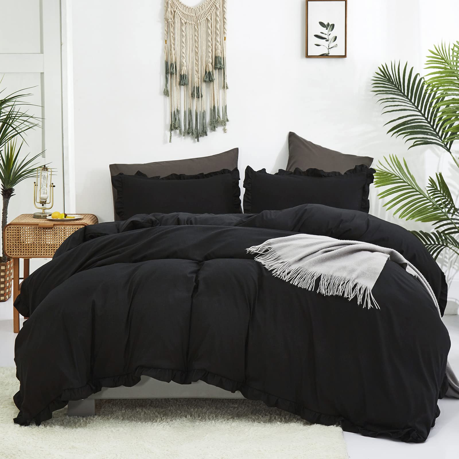 Cottonight Black Comforter Set King Ruffle Black Bedding Comforter Set Farmhouse Cotton Dark Color Blanket Quilts Shabby Rustic 