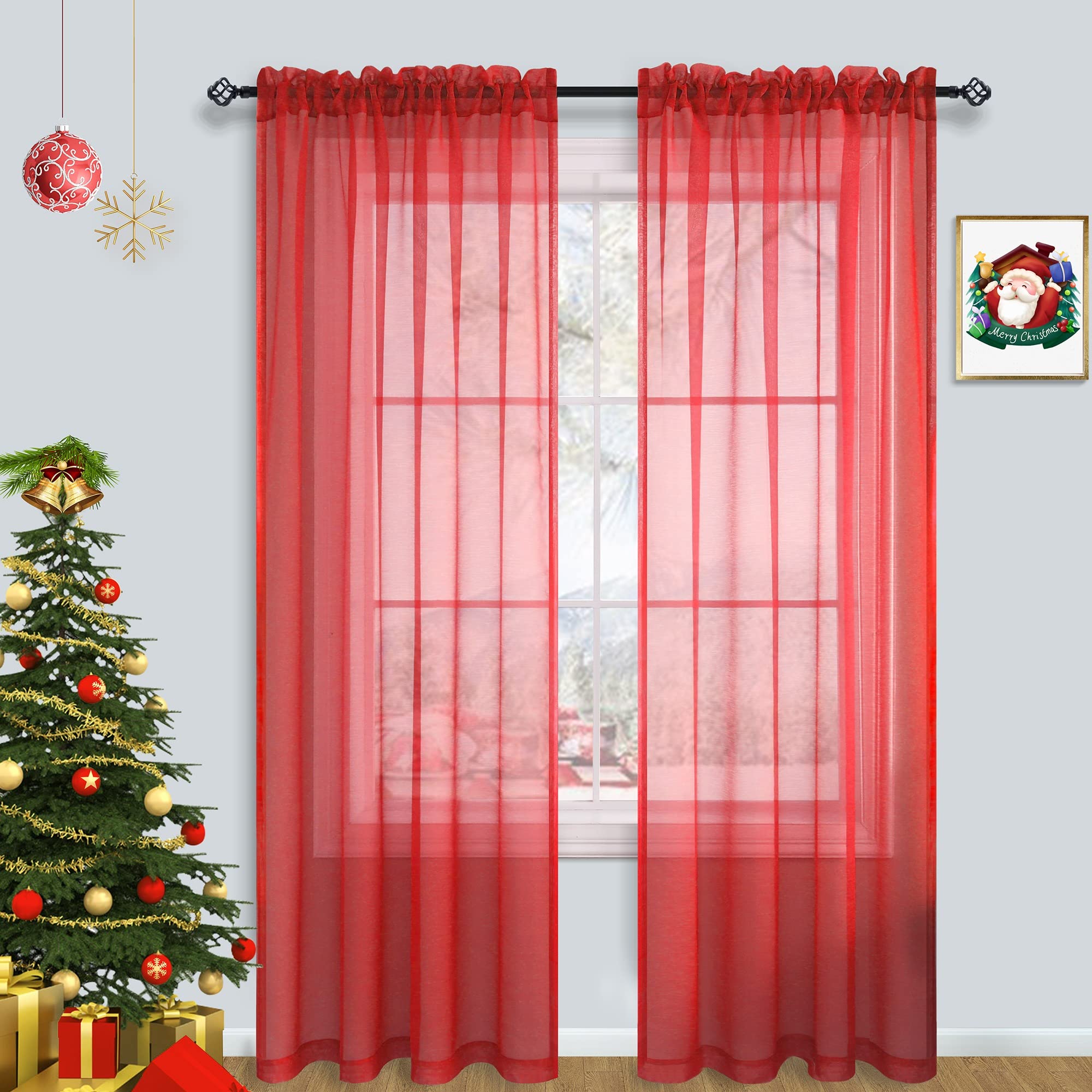 Pitalk Red Sheer curtains 84 Inch Length for Living Room 2 Panels Set christmas Decor Rod Pocket Voile Tulle Window Xmas Holiday curtai
