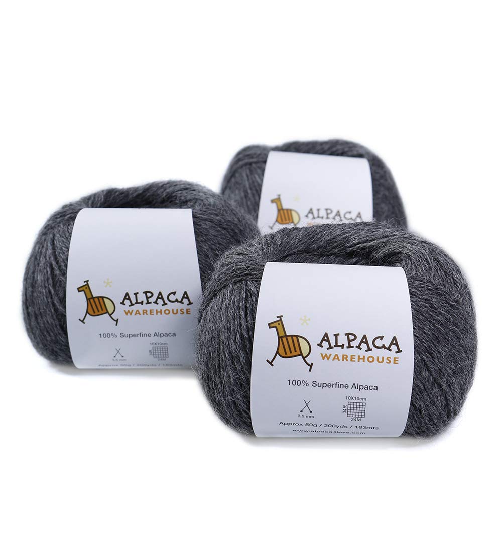 Alpaca Warehouse 100 Alpaca Yarn Wool Set of 3 Skeins Fingering Lace Worsted Weight - Heavenly Soft and Perfect for Knitting and crocheting (gray