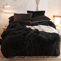 HAIHUA Black Luxury Fluffy Shaggy Duvet cover,cute Faux Fur comforter Set (1 Faux Fur Duvet cover  2 Faux Fur Velvet Pillow case
