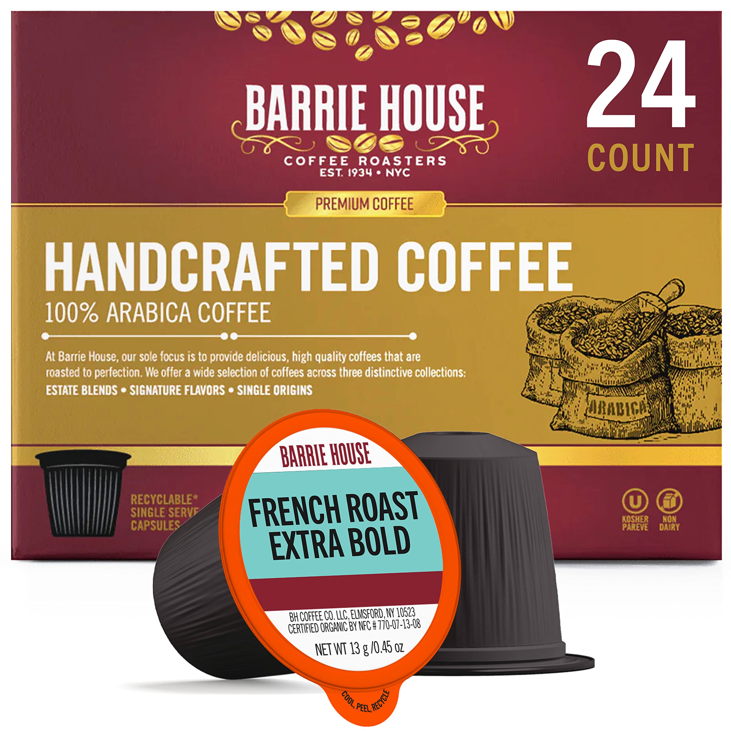 Barrie House French Roast Extra Bold Single Serve coffee Pods, 24 Pack compatible With Keurig K cup Brewers Fair Trade Organic S