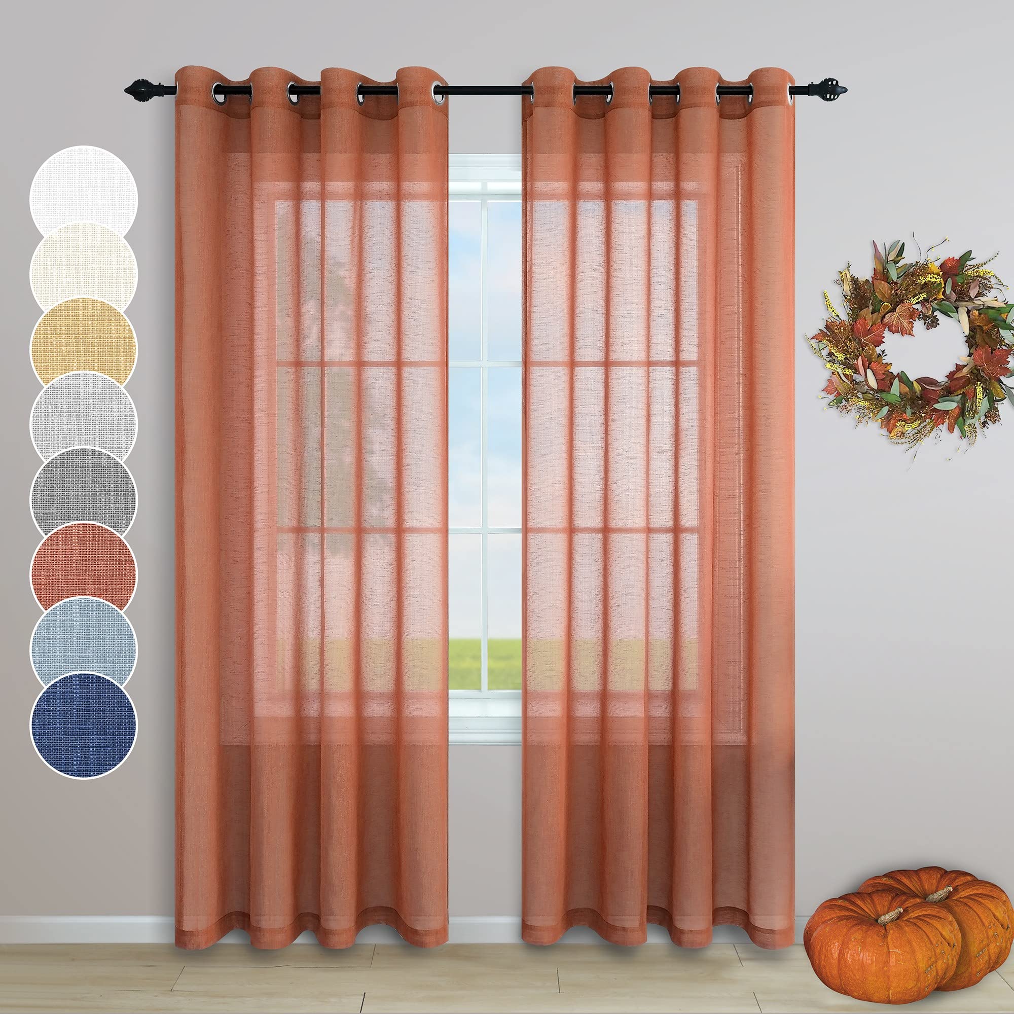 Pitalk Rust curtains 96 Inches Long for Living Room 2 Panels grommet Drape Linen Lightweight Flowy colored Semi Sheer girls Bedroom cur