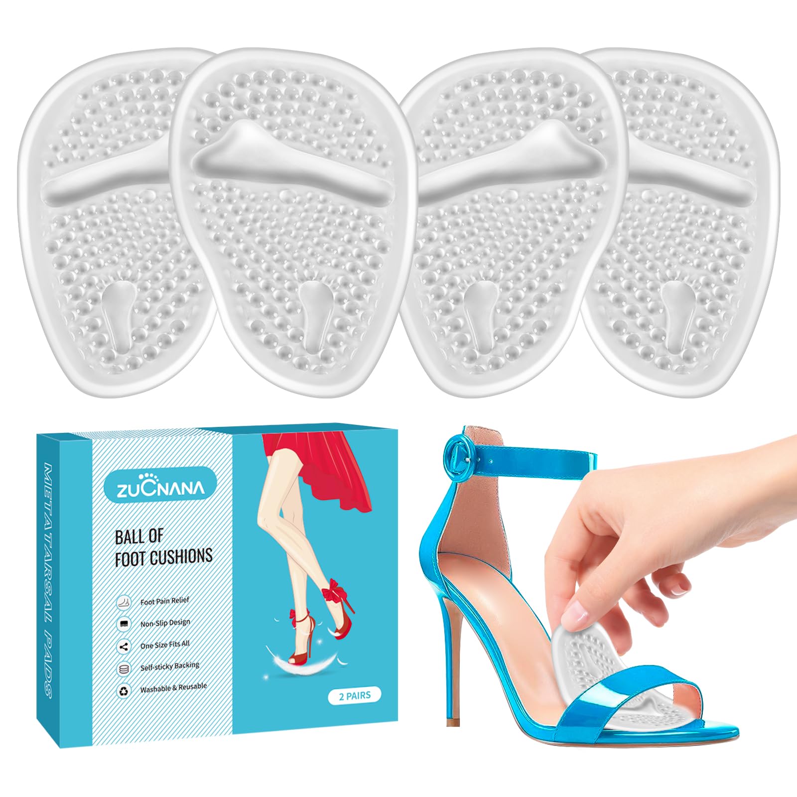 ZUCNANA Metatarsal Pads (2 Pairs Gel Shoe Inserts Women) | Heel Inserts for Women | Ball of Foot Cushions for Heels Foot Pain Relief and