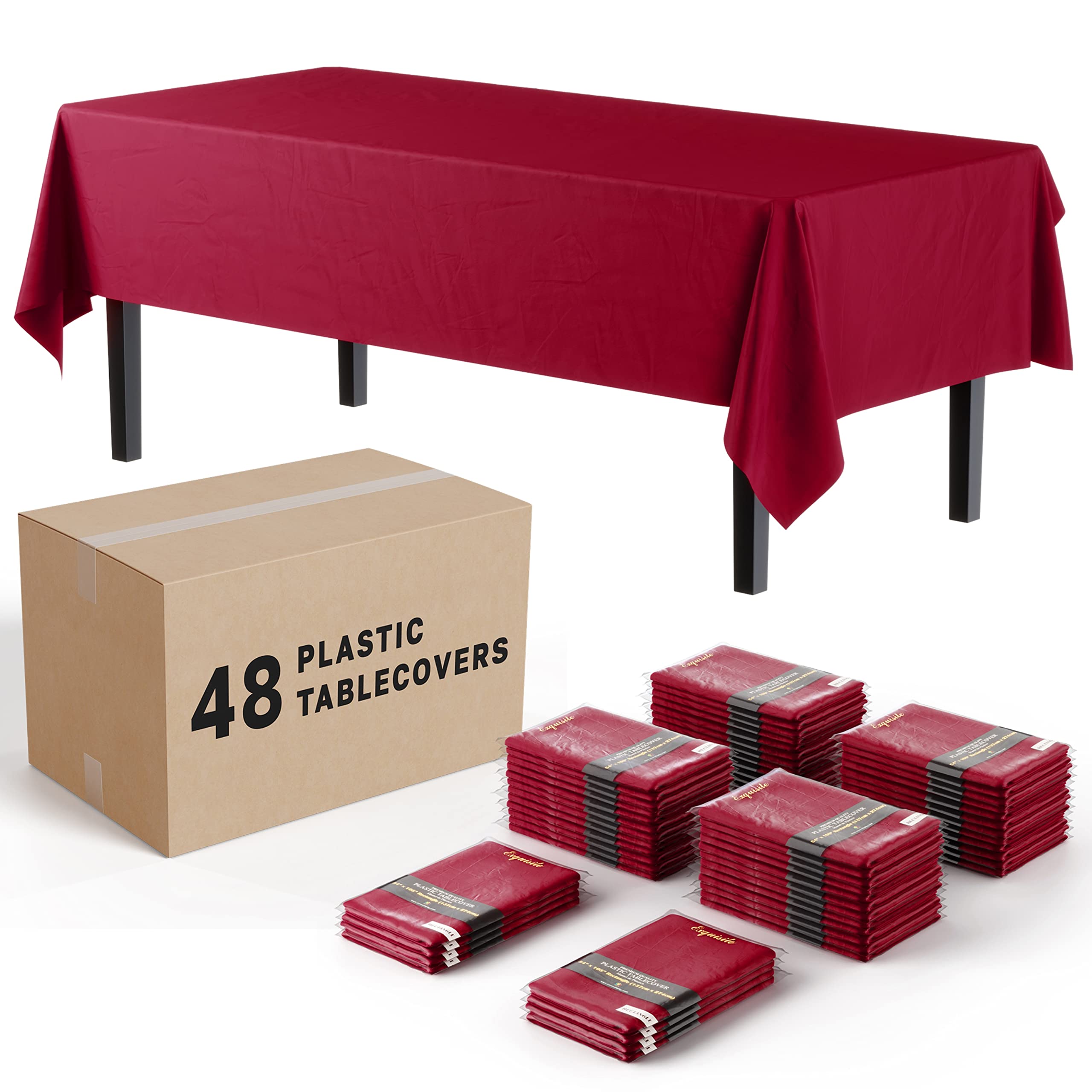 Exquisite Burgundy Round Tablecloths in Bulk 48 Pack Burgundy Plastic Disposable Table cloth 84 Inch Tablecloth Plastic Table cl