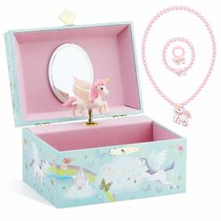 RR ROUND RICH DESIGN Musical Jewelry Glitter Storage Box and Jewelry Set for Little Girls with Spinning Unicorn and Rainbow - Bl