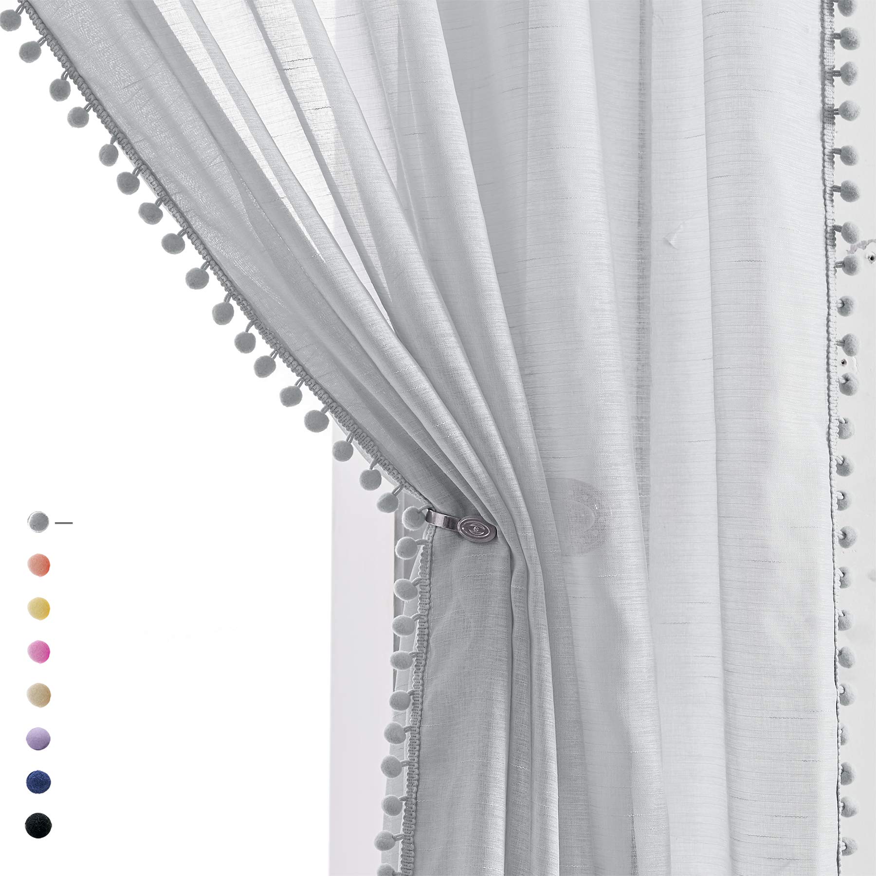 Treatmentex Pom-Pom grey Sheer curtains for Bedroom 63 Window Drapes Rod Pocket Textured Sheer curtain for Kids Room 52 w 2 Pane