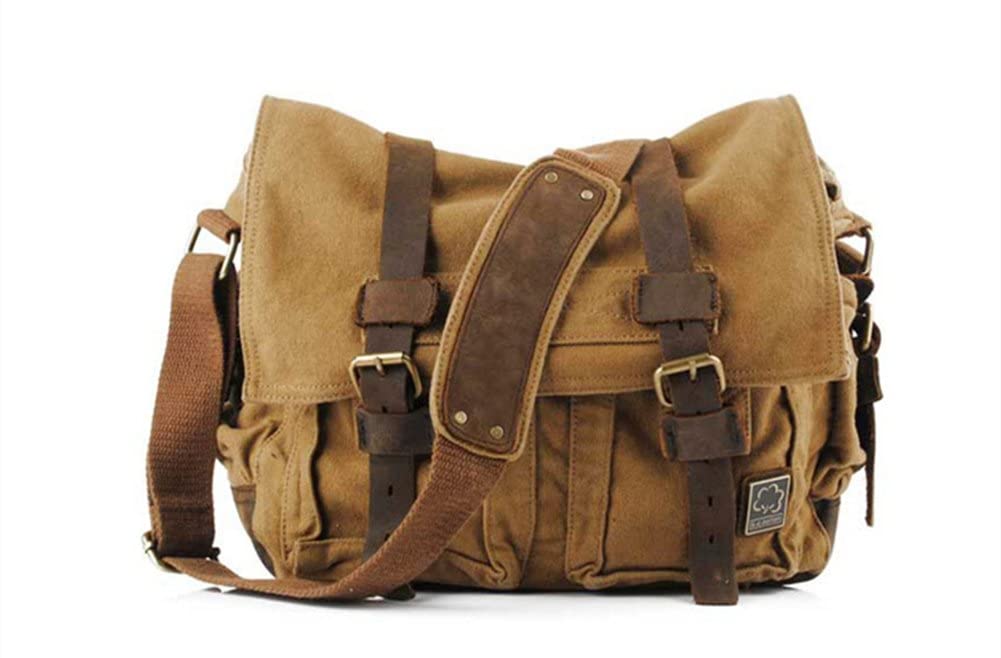 Sechunk Vintage Military Leather canvas Laptop Bag Messenger Bags Large