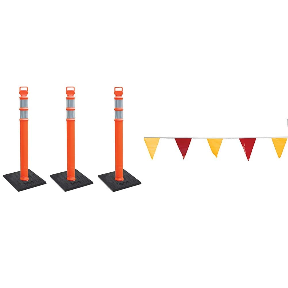 Cortina EZ Grab Delineator 45" Post, 3" Hip Collars with 10 lb Base, 03-747RBC-3, Orange, 3 Pack & OSHA Approved Pennant Flags, 