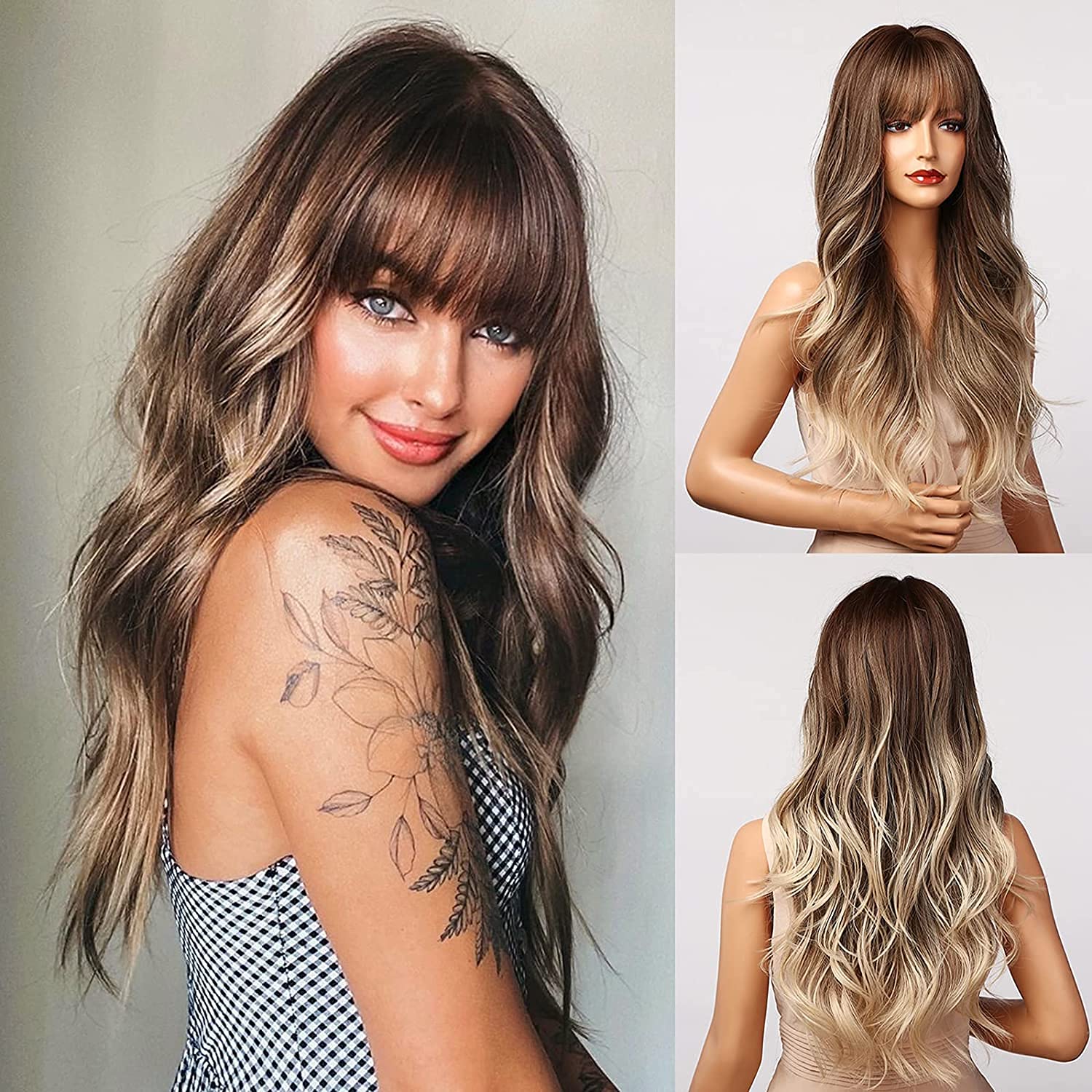 Honygebia Light Brown Wig with Bangs - Long Ombre Wavy Wigs for White Women, Ash White Synthetic Heat Resistant Hair, Natural Be