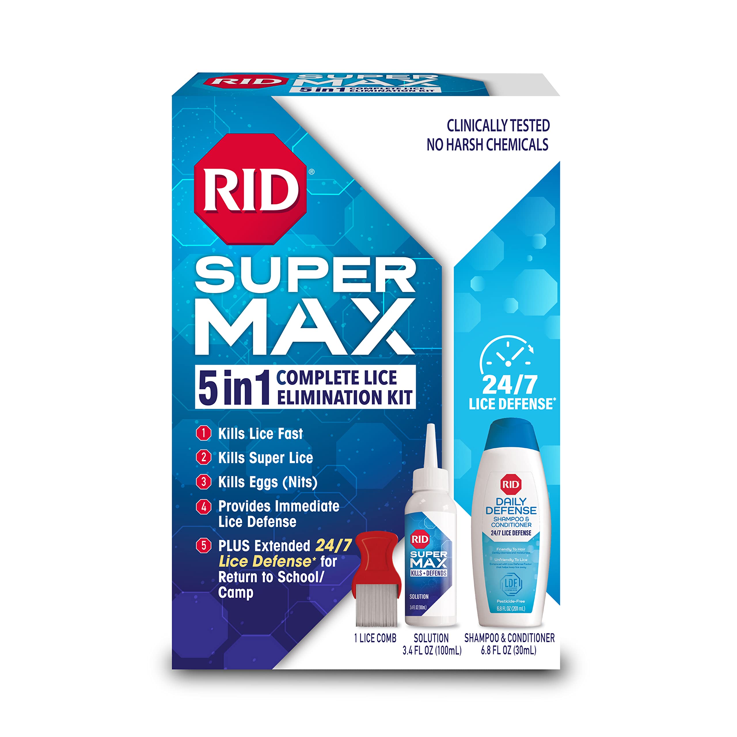 RID Super Max 5-in-1 Complete Lice Treatment Kit, Kills Super Lice & Eggs + 24/7 Lice Defense, Pesticide-Free, Includes Daily De