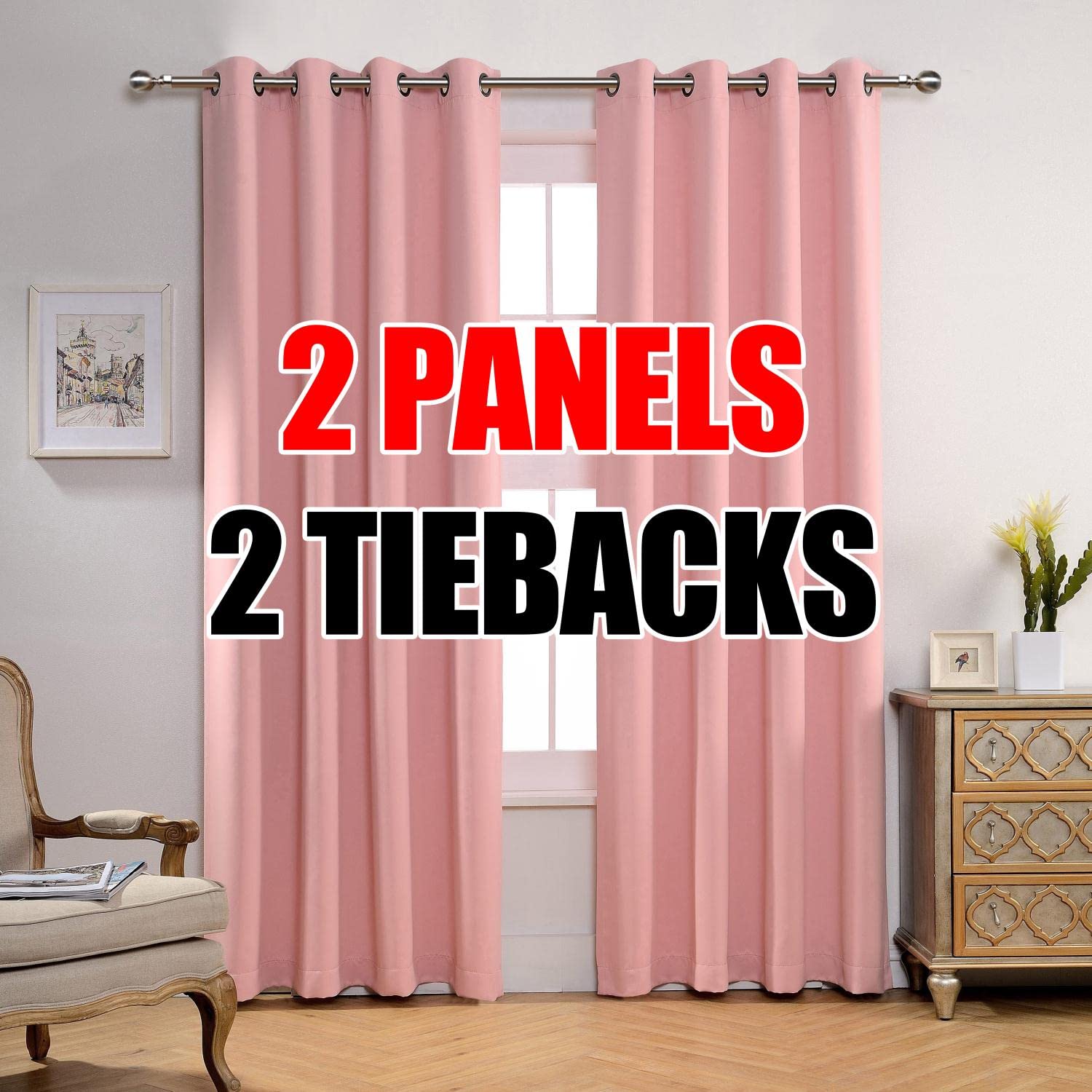 MIUcO Room Darkening Soild grommet Blackout curtains Panels for Nursery Window curtains Set of 2 52x95 Inch Pink, Bonus 2 Tie Ba