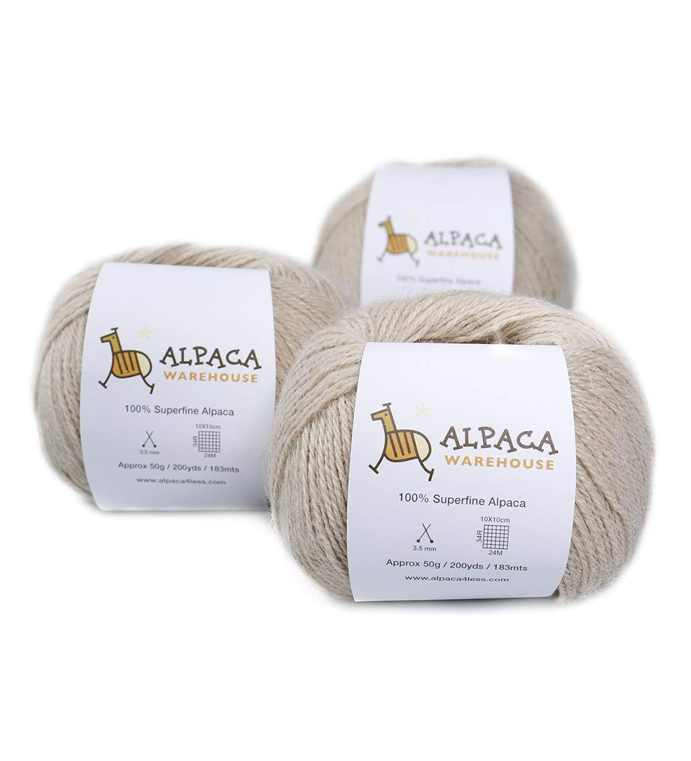 Alpaca Warehouse 100 Alpaca Yarn Wool Set of 3 Skeins Fingering Lace Worsted Weight - Heavenly Soft and Perfect for Knitting and crocheting (Beig