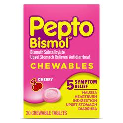 Pepto Bismol chewables, Upset Stomach Relief, Bismuth Subsalicylate, Multi-Sympton Relief of gas, Nausea, Heartburn, Indigestion