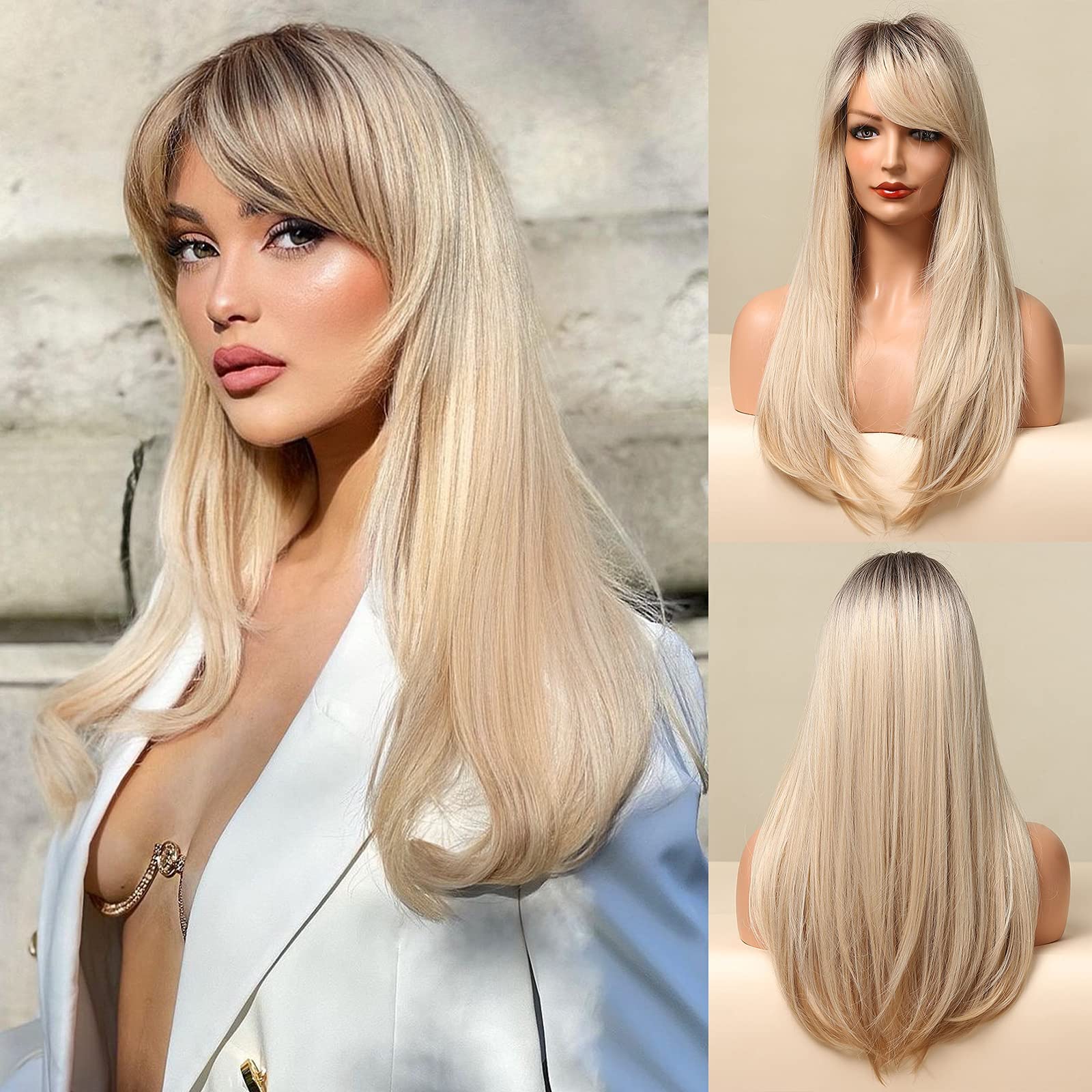 Honygebia Long Blonde Wig with Bangs - Ombre Dark Root Blonde Wigs for White Women, Striaght Wavy Synthetic Heat Resistant Hair,