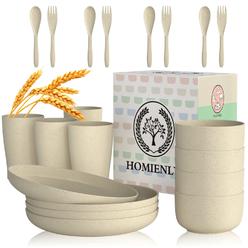 Homienly Wheat Straw Dinnerware Sets, 20pcs Lightweight Unbreakable Dinnerware, Microwave Dishwasher Safe Bowls cups Forks Spoon