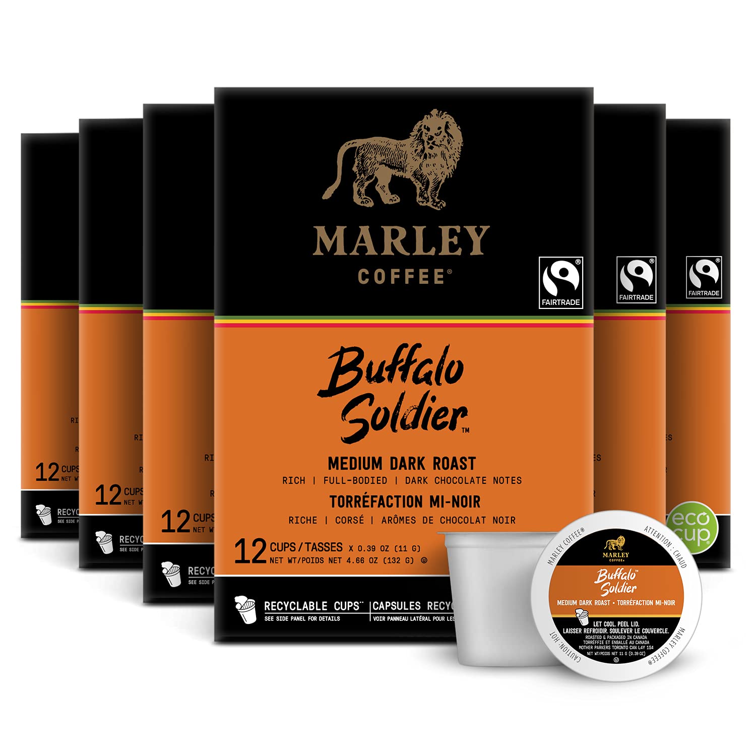 Marley Coffee Buffalo Soldier, Fairtrade Certified, Medium-Dark Roast Coffee, Keurig K-Cup Brewer Compatible Pods (6 Boxes, Each